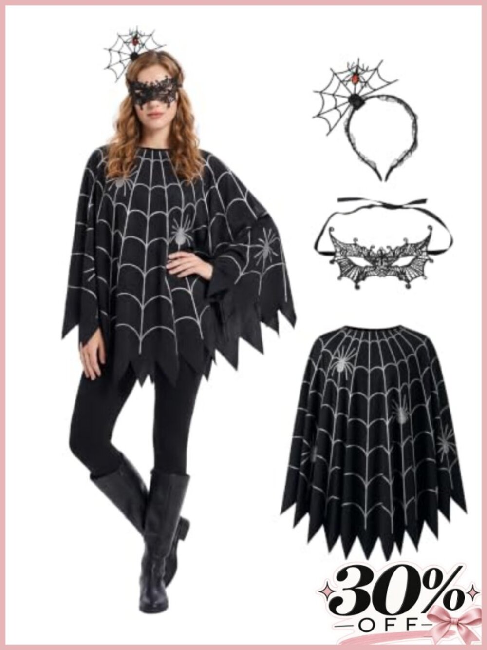 Spider Web Poncho Costume Set Women with Mask Headband Halloween